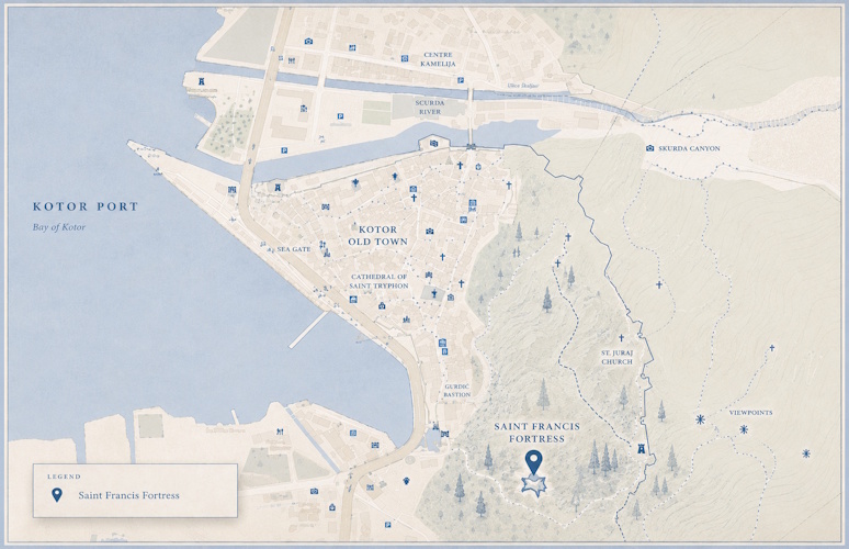 Illustrated map showing the location of Saint Francis Rampart in Kotor